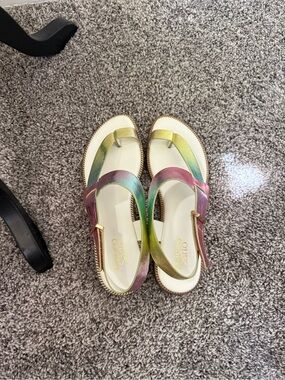Franco Sarto Iridescent Green-Pink-Gold Slingback Sandals